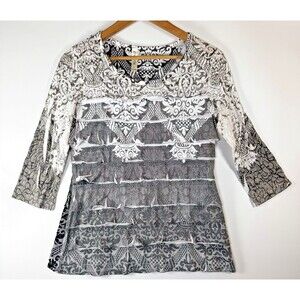 Cubism Shirt Womens Small Damask Pattern 3/4 Sleeve Textured Layered Ruffle Top